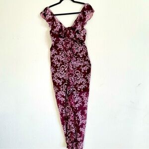 Wayf Red Plunge Neck Maxi Dress with Flutter Sleeves